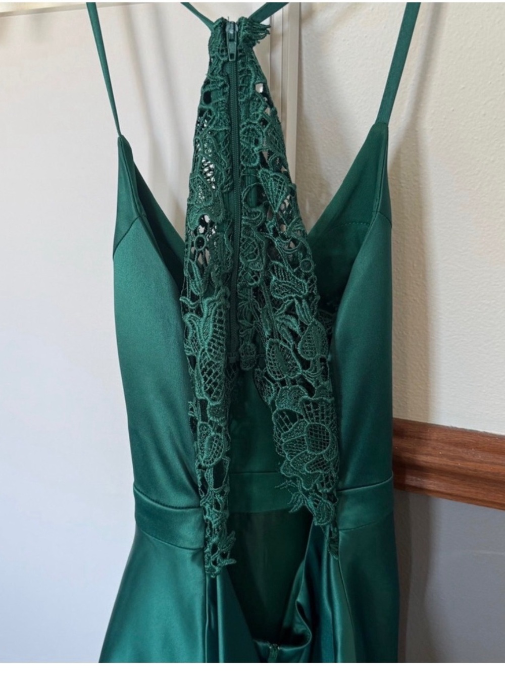 Camille La Vie Emerald Green Strapless Satin Dress with Lace Back - Picture 5 of 6